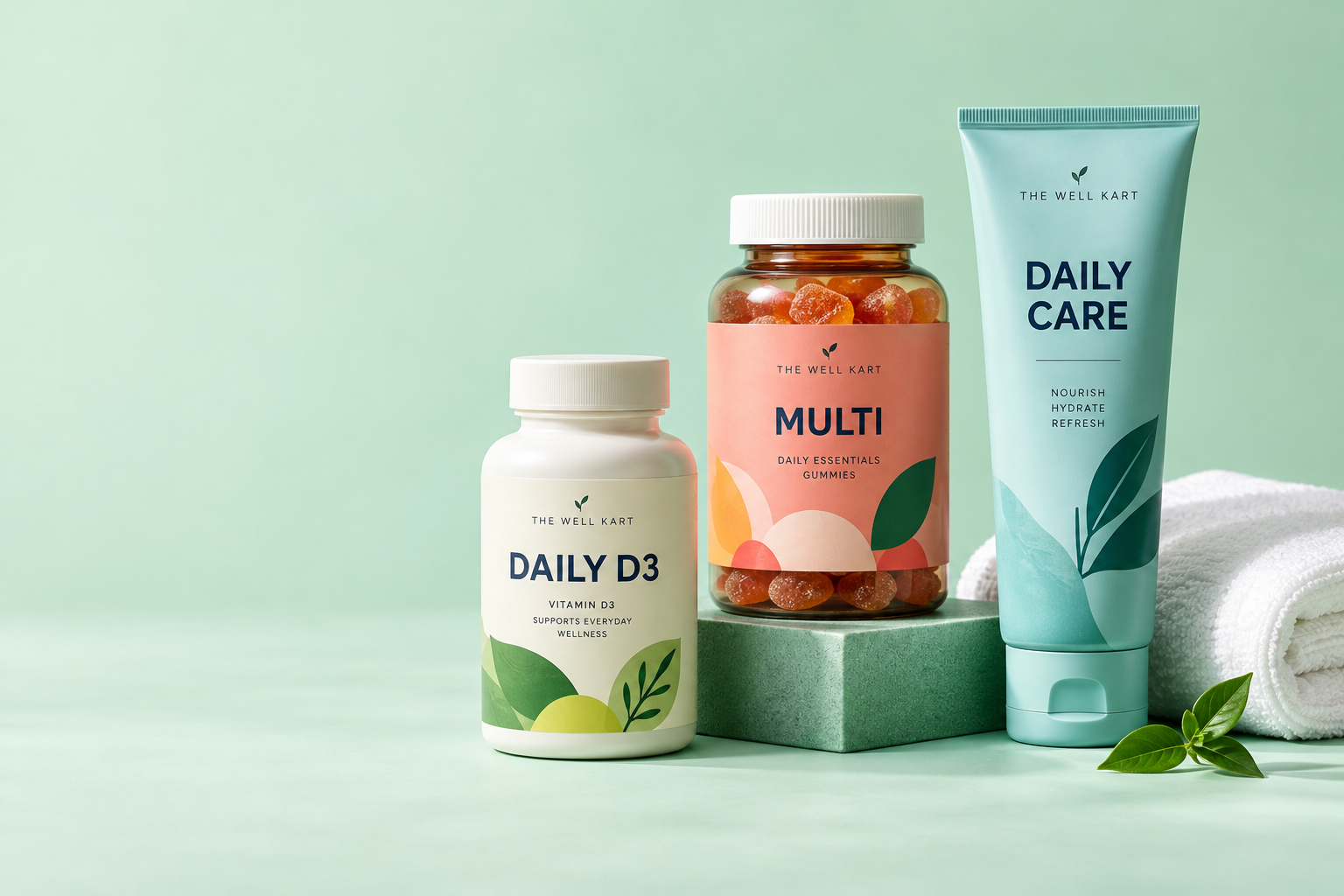 Wellness bottles, a personal care tube, a folded towel and green leaves on a soft green background
